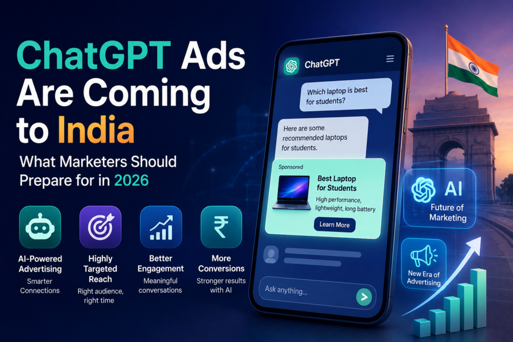 ChatGPT Ads in India 2026 – digital marketing concept showing AI advertising, online business growth, social media campaigns, and future marketing strategies for Indian brands and marketers.